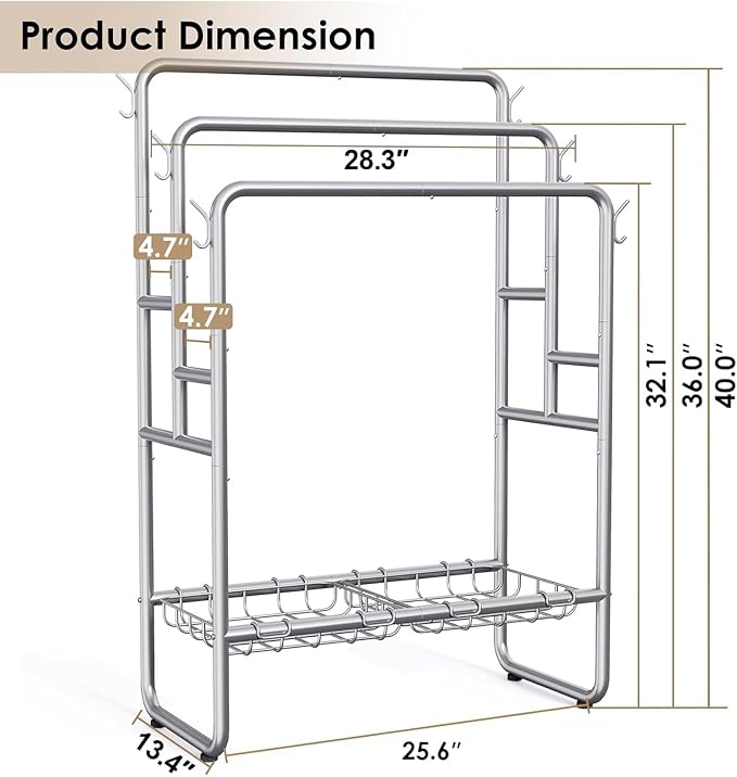 Kayfia 40" H Towel Rack Freestanding, 3-Tier Bath Towel Holder Stand with Storage Baskets & Hooks, Blanket Drying and Display Rack for Oversized Bath Towels, Metal Towel Rack Stand Indoor Outdoor