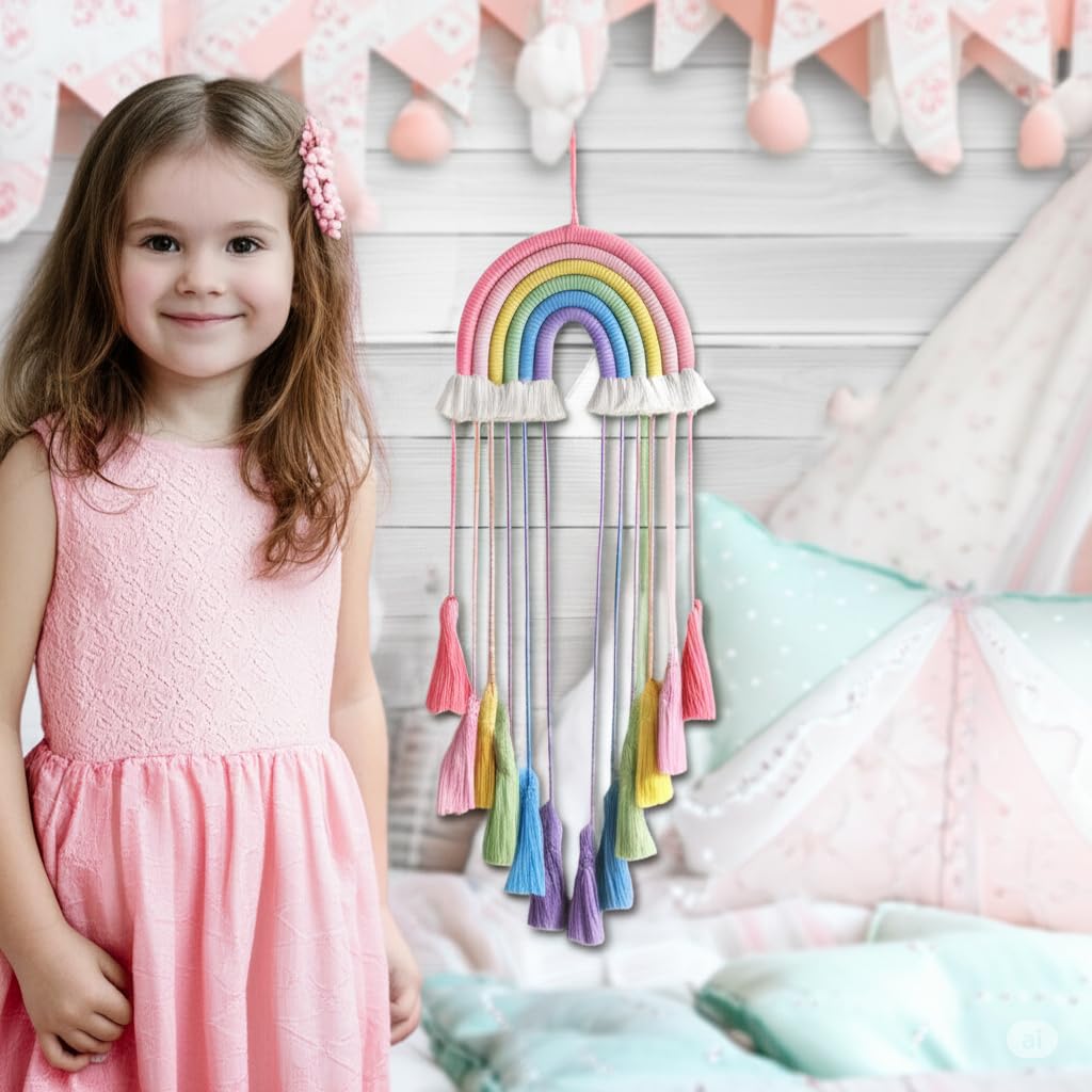 Honcas Rainbow Macrame Wall Hanging - Hand-Woven Cotton Tassel Tapestry Decor for Baby Room, Nursery, and Home Decor (Pink Rainbow)