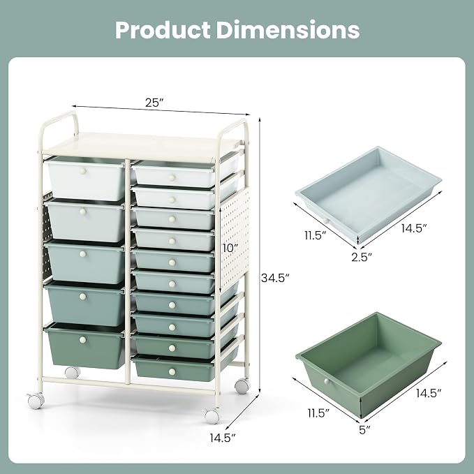 Giantex 15 Drawer Storage Cart, Rolling Craft Cart with Metal Tabletop & Pegboard, Mobile Utility Organizer Trolley with Locking Wheels, Home Office, Green Gradient