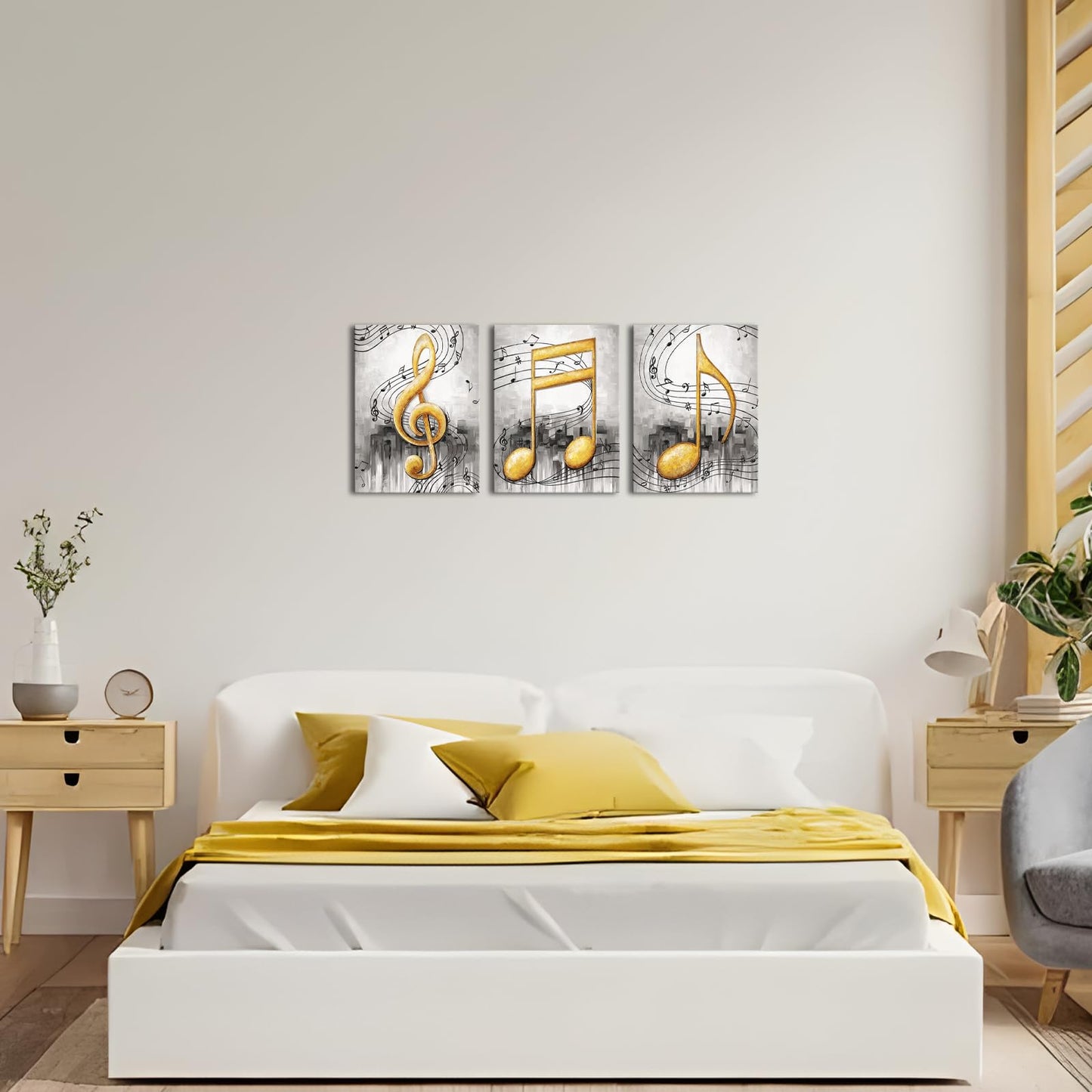 Biuteawal 3Pcs Music Notes Wall Art Grey and Gold Canvas Painting Musical Art Pictures Prints Modern Stylish Music Room Classroom Wall Decor Framed