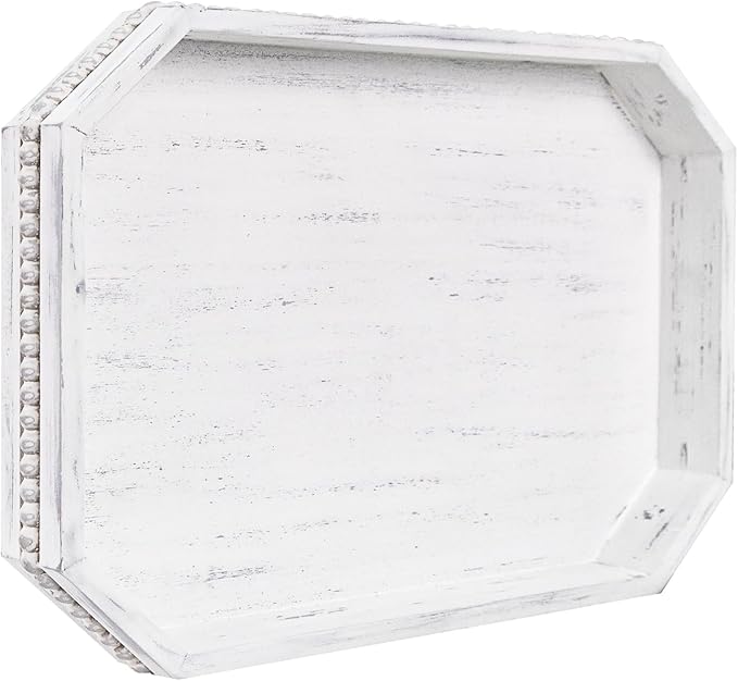 Wooden Decorative Tray, Rustic Serving Tray with Wood Bead, Farmhouse Big Tray for Ottoman, Countertop, Coffee Tabl, 16.5" x 13"x 1.6" (Retro White)