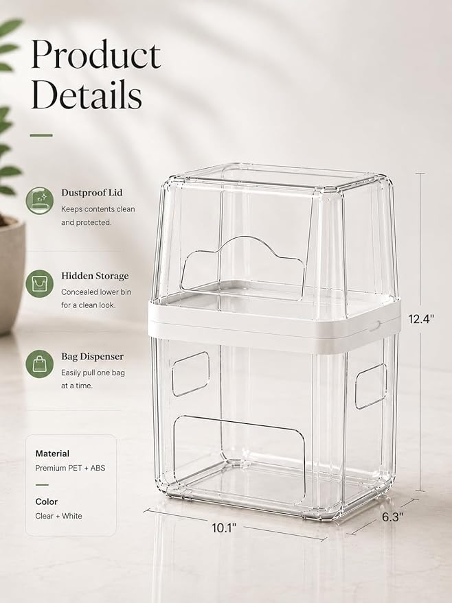 Trash Bag Dispenser & Dishwasher Pods Organizer, Clear Acrylic Garbage Bag Holder Under Sink Organizer With Removable Lid, Laundry Pods Container for Kitchen Pantry Laundry Room (3IN1 Dispenser)