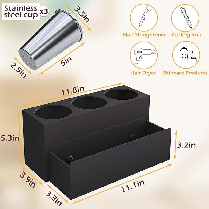Hair Tool Organizer, Removable Blow Dryer Holder for Bathroom, Hot Tools Organizer For Hair Dryer, Blow Dryer, Curling Iron, Hair Straightener, Bathroom Countertop Organizer, Matte Black