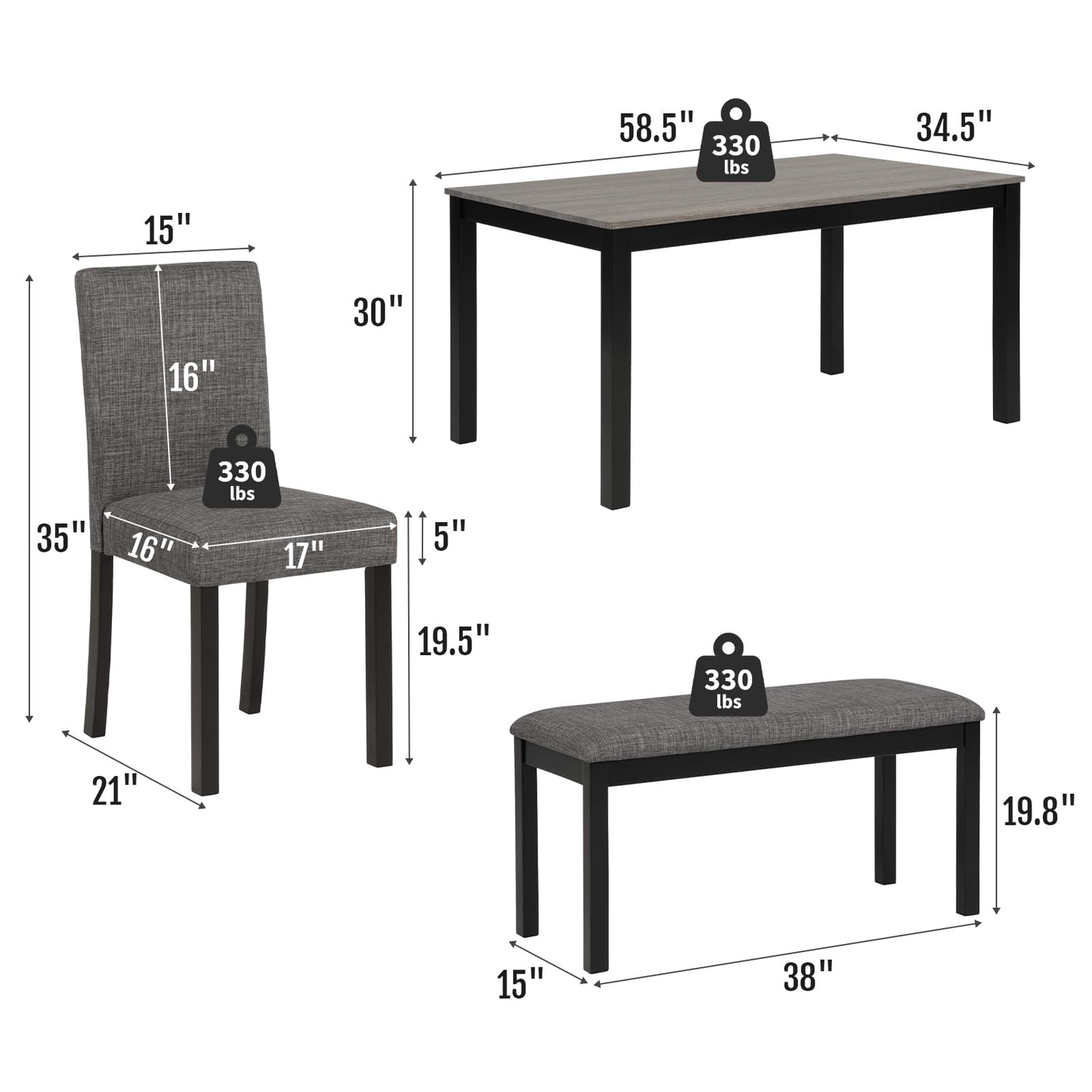 Zevemomo 6-Piece Solid Wood Dining Table Set, Including 1 Dining Table, 4 Upholstered Chairs and 1 Bench, Wooden Legs Dining Table Set for Dining Room, Kitchen, Restaurant, Dark Grey