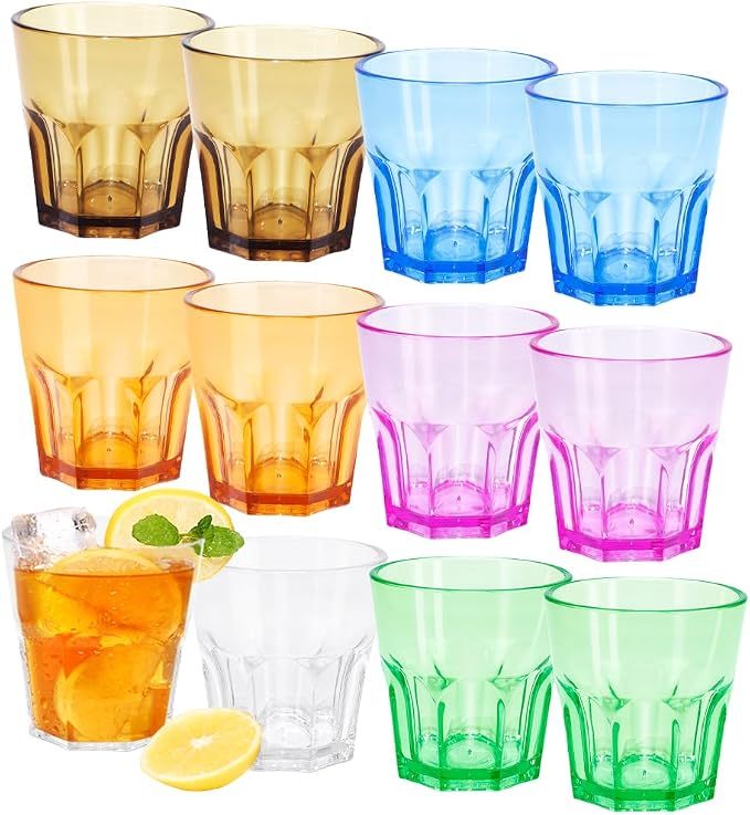 Plastic Drinking Glasses Set of 12, Unbreakable Coloured Water Tumbler, Acrylic Plastic Cups, Reusable Kids Drinking Cups for Children Kitchen Picnic Party Juice Whiskey Wine (12pc-6color-160ml/5.4oz)