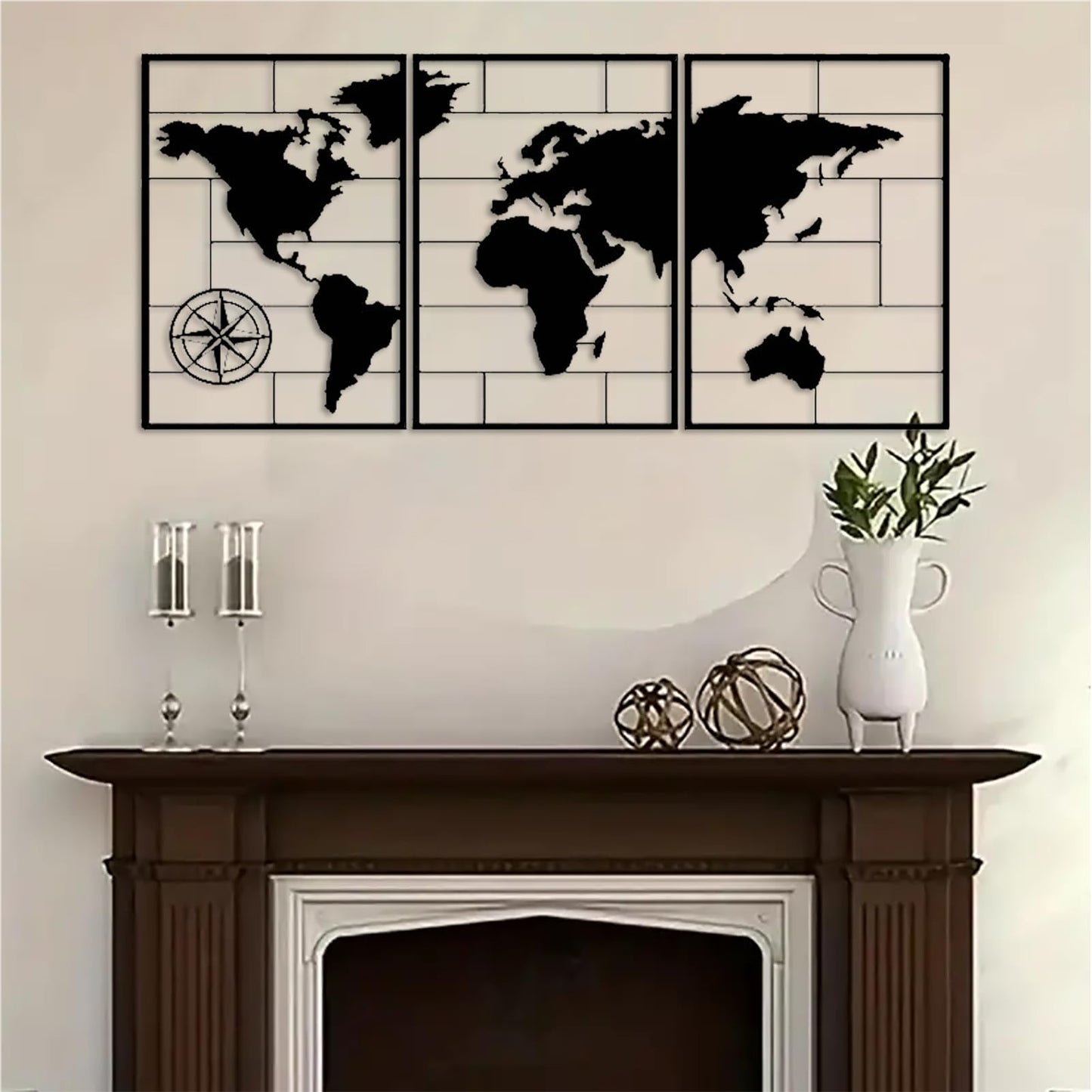 DUOOLN 3-Piece Metal World Map Wall Decor Art, Abstract Minimalist Hanging Sculpture, Travel Enthusiast Gift, Perfect Travel-Themed Artwork, Home Office Hotel Decoration - Black, 33.8“ W x 15.7” H / 86x40cm