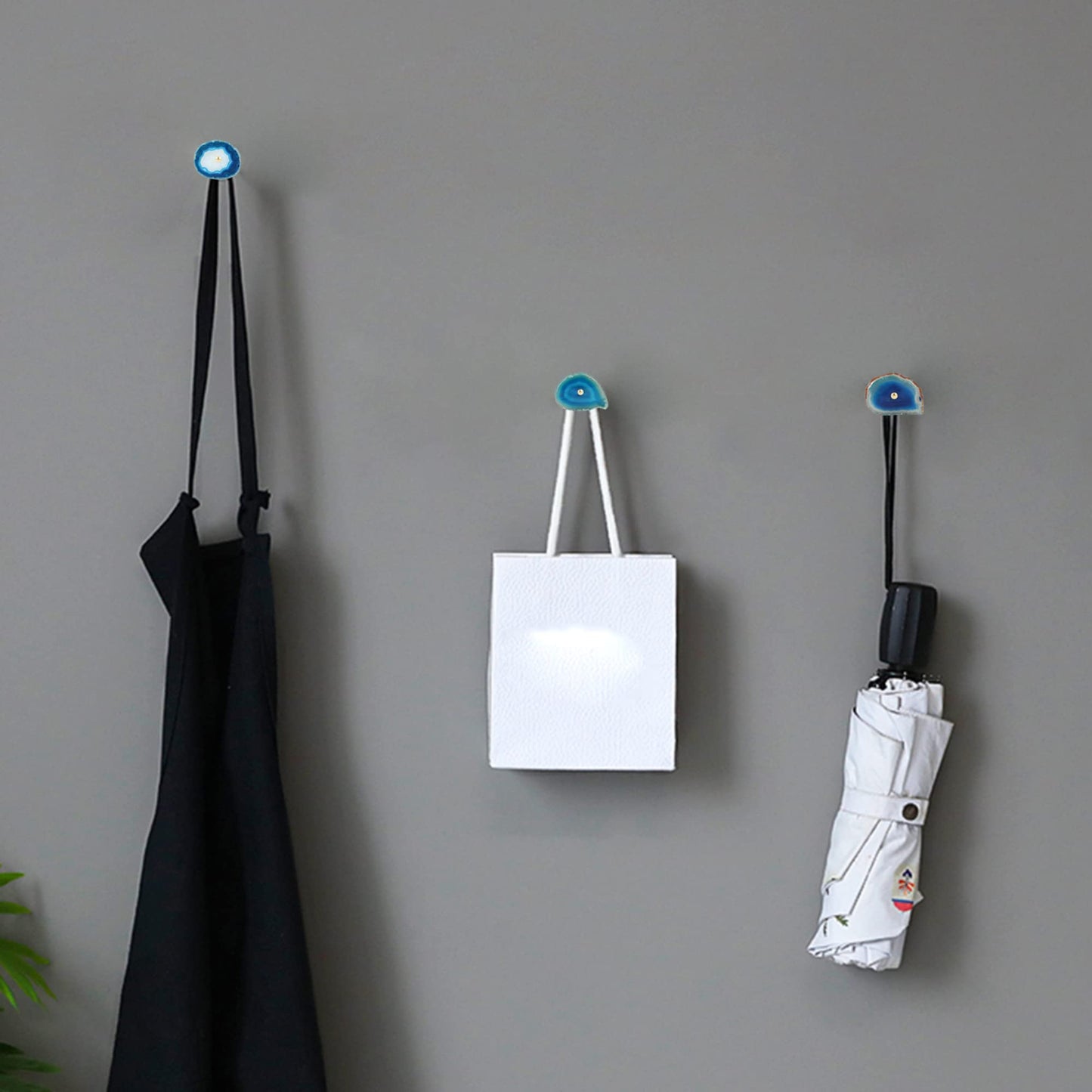 4 Pcs Unique Agate Blue Coat Hooks - Wall Mounted Decorative Hooks with Brass Finish - Holds Hats, Bags, Curtains