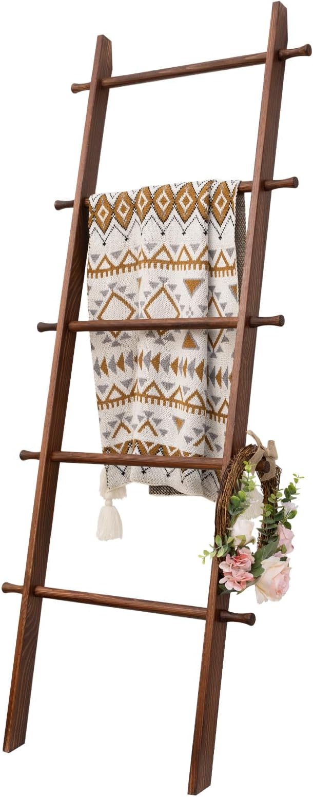 Blanket Ladder, 5-Tier Wooden Quilt Stand, Decorative Ladder Shelf, Farmhouse Ladder Blanket Holder, Wall Leaning Towel Storage Rack for Living Room, Brown