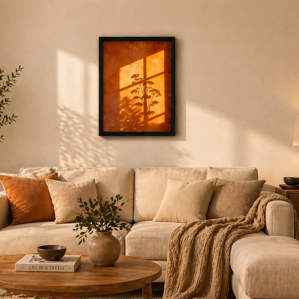 Framed Sunset Wall Art, Orange Window Shadow Poster Print, Minimalist Botanical Silhouette Picture Painting, Modern Aesthetic Picture Wall Decor for Bedroom Living Room 16x24 Inches