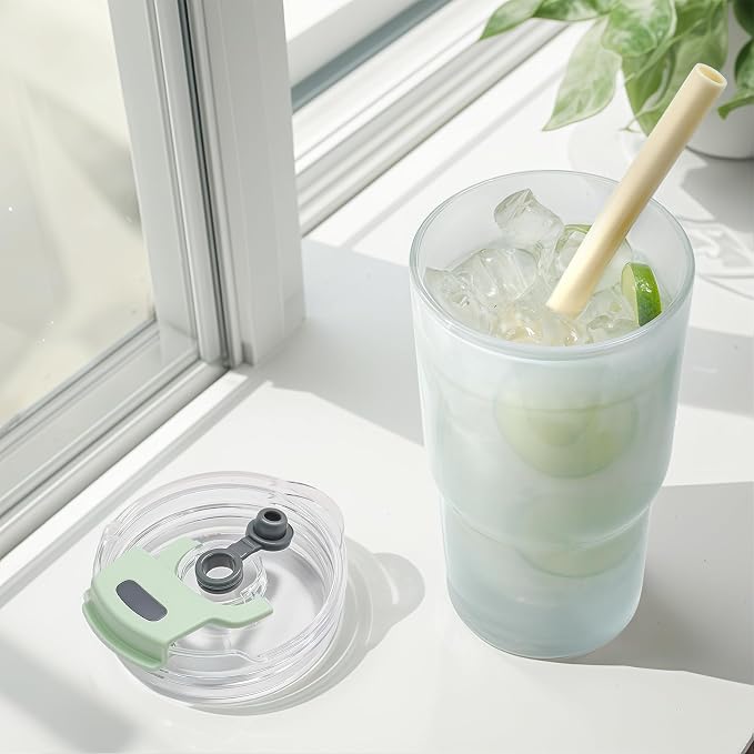 Iced Coffee Cups with Lids: Coffee Bar Accessories - Ribbed Glass Tumbler with Silicone Straw and Lid - 20oz Leak Proof Reusable Glass Cups and Tumblers with Lid and Silicone Straws(1Pcs-Blue)