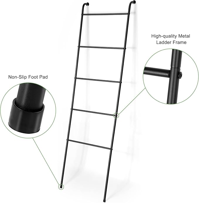 Towel Blanket Ladder Black Metal Blanket Ladder Holder Industrial 5 Tier Wall Leaning Ladder Rack for Bathroom Living Room Laundry Room (Matte Black)