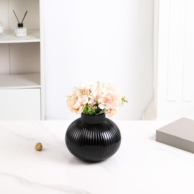 Black Glass Vase, Flower Vases for Bouquet, Ribbed Glass Vases for Flowers, Small Black Vase for Living Room, Office, Coffee Table, Shelf, Wedding, 6 Inches