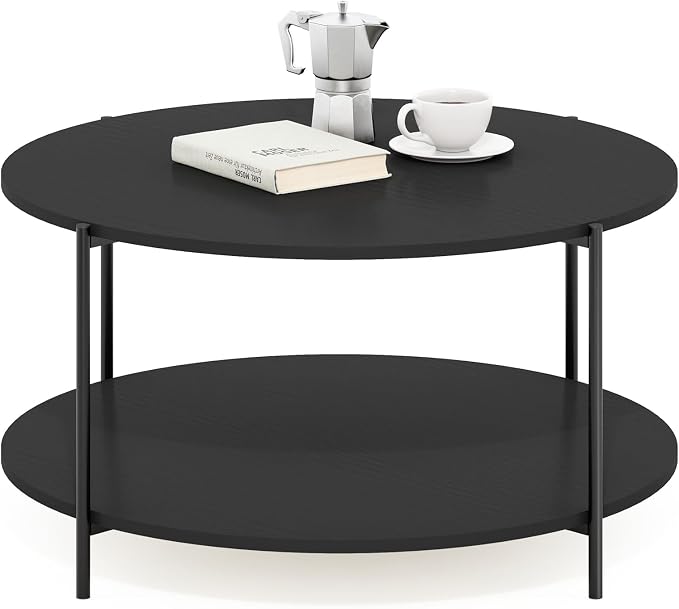 Furinno BESI Coffee Table, 2-Tier Round Modern Coffee Table with Metal Legs, Side Table with Open Shelf, for Living Room, Bedroom, Home Office, Americano