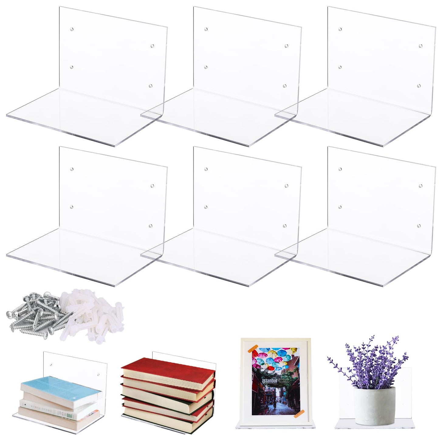 Tenceur 6 Pcs Invisible Floating Bookshelf for Wall, Heavy Duty Wall Mounted Book Organizer Acrylic Floating Shelves Holder for Books Storage Bedroom Living Room Home Office (Clear)