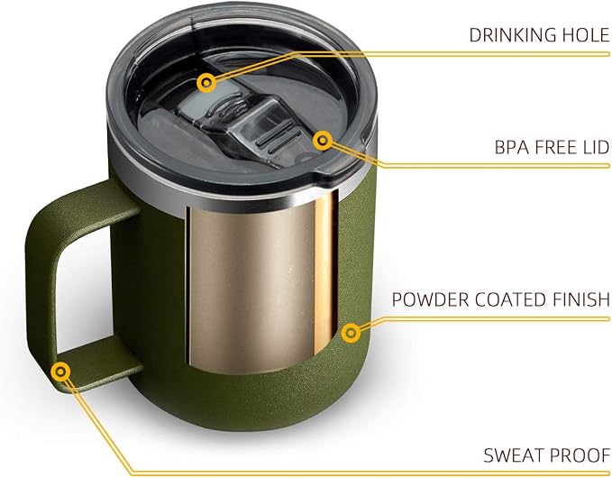 12oz Stainless Steel Insulated Coffee Mug with Handle, Double Wall Vacuum Travel Mug, Tumbler Cup with Sliding Lid, Army Green