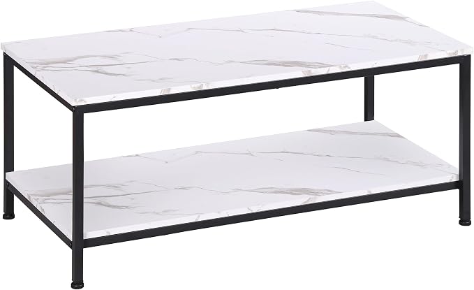 SUPER DEAL 2-Tier Coffee Table with Storage Shelf for Small Apartment Living Room, Rectangle Wood and Stable Metal TV Stand Side End Table, White Marble