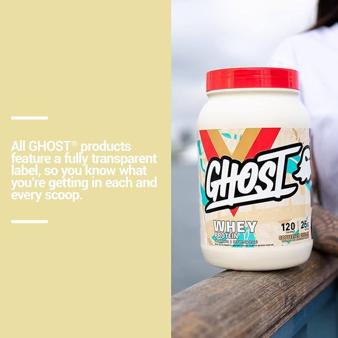 GHOST Whey Protein Powder, Coffee Ice Cream - 2LB, 25G of Protein - Whey Protein Blend - ­Post Workout Fitness & Nutrition Shakes, Smoothies, Baking & Cooking - Soy & Gluten-Free