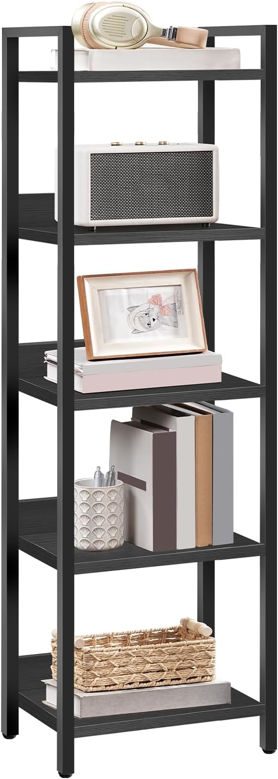 MAHANCRIS 5-Tier Bookshelf, Bookcase, Shelves Organizer for Small Spaces, Storage Shelf Organizer, for Living Room, Bedroom, Study, Balcony, Black BKHB5501