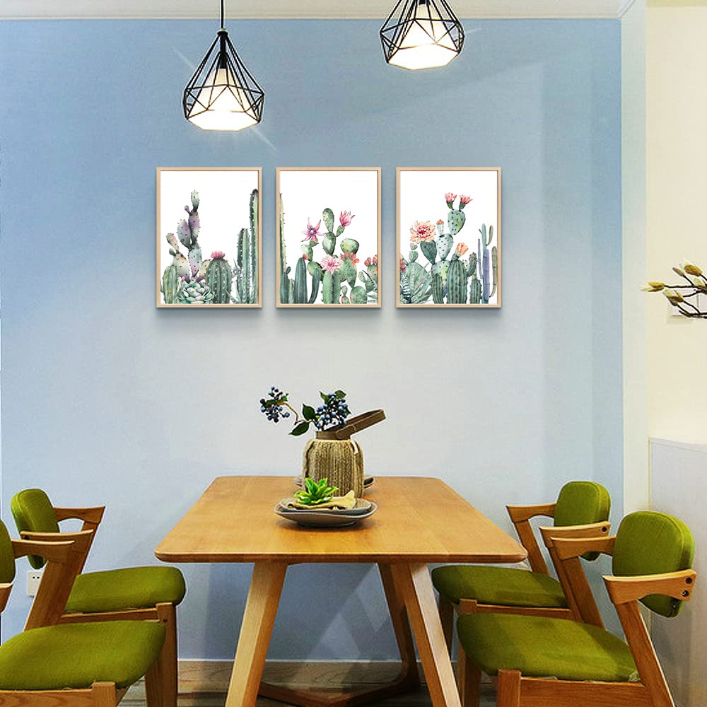 Natural Wood Framed Wall Art For Living Room & Bedroom Decor - Green Succulent Cactus Paintings - 3 Piece Framed Art Prints