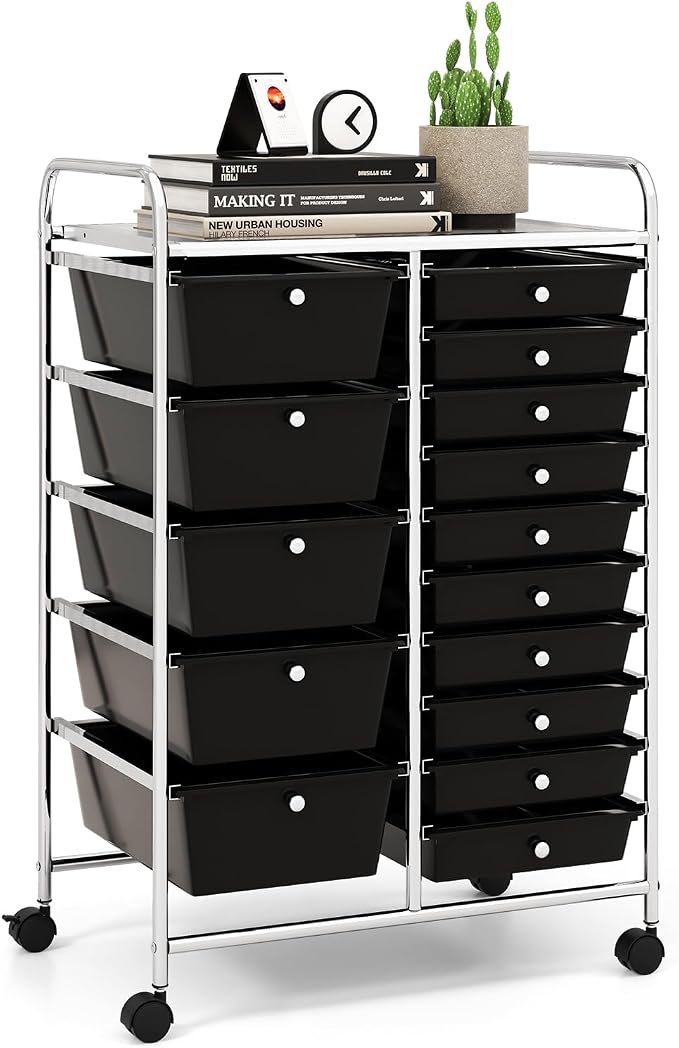 LDAILY 15 Drawer Rolling Storage Cart, Rolling Cart with Drawers for Classroom, Art Supply Craft Organizer on Wheel with Metal Frame & Handles for Home Office School