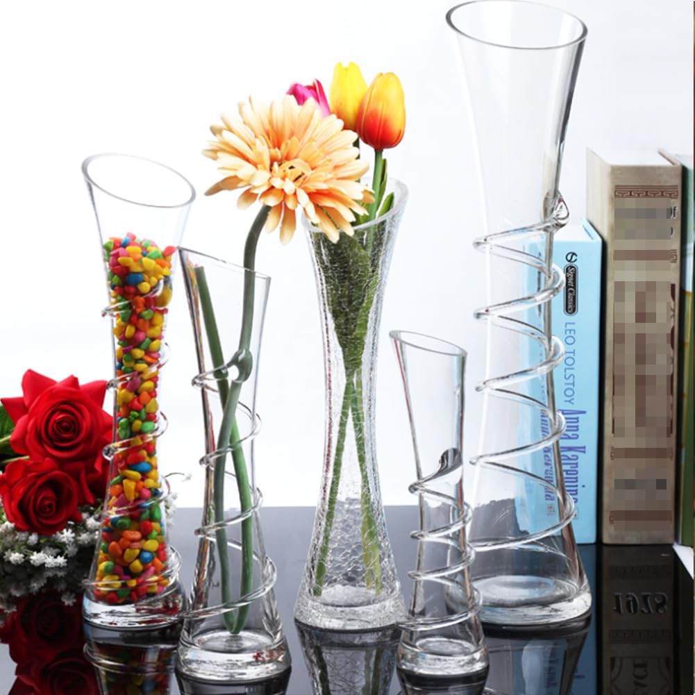 VANTOBEST Hand-Made Blown Art Bud Glass Vase, Clear Glass, Oblong Shape, Modern Style, Thread Pattern, Stemless, Perfect for Home Decorations