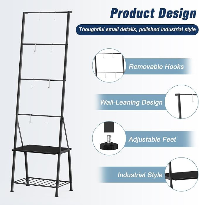 Black Metal Blanket Ladder with Storage Shelf and Hooks, Leaning Towel Rack for Bathroom, Decorative Blanket Rack for Living Room Bedroom