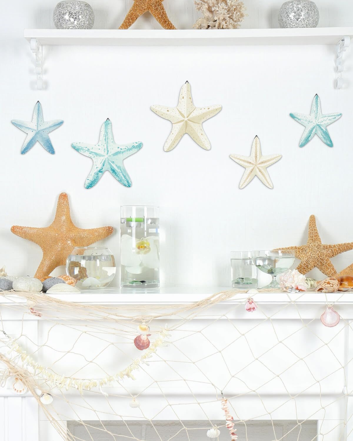 Putuo Decor Coastal Nautical Starfish MDF Wall Art Set of 5 Beach Wall Decor Coastal Hanging Décor for Bathroom, Living Room, Patio (Flat, It's Not 3D, Not Real Starfish)