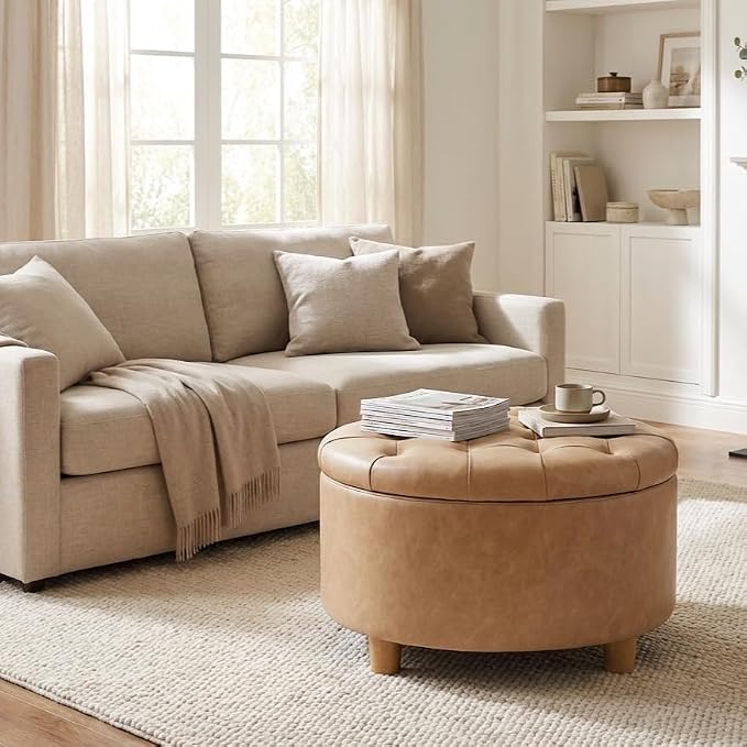 HomePop Home Decor | Button Round Storage Ottoman | Ottoman with Storage for Living Room & Bedroom, Light Camel Faux Leather