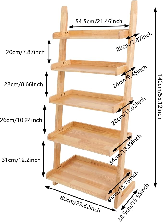 Ladder Bookshelf, 5 Tier Leaning Bookshelf Leaning Ladder Shelf with Stable Structure Rustic Style Ladder Shelves Storage Rack for Living Rooms, Bedrooms, Study Rooms (Wood Color)