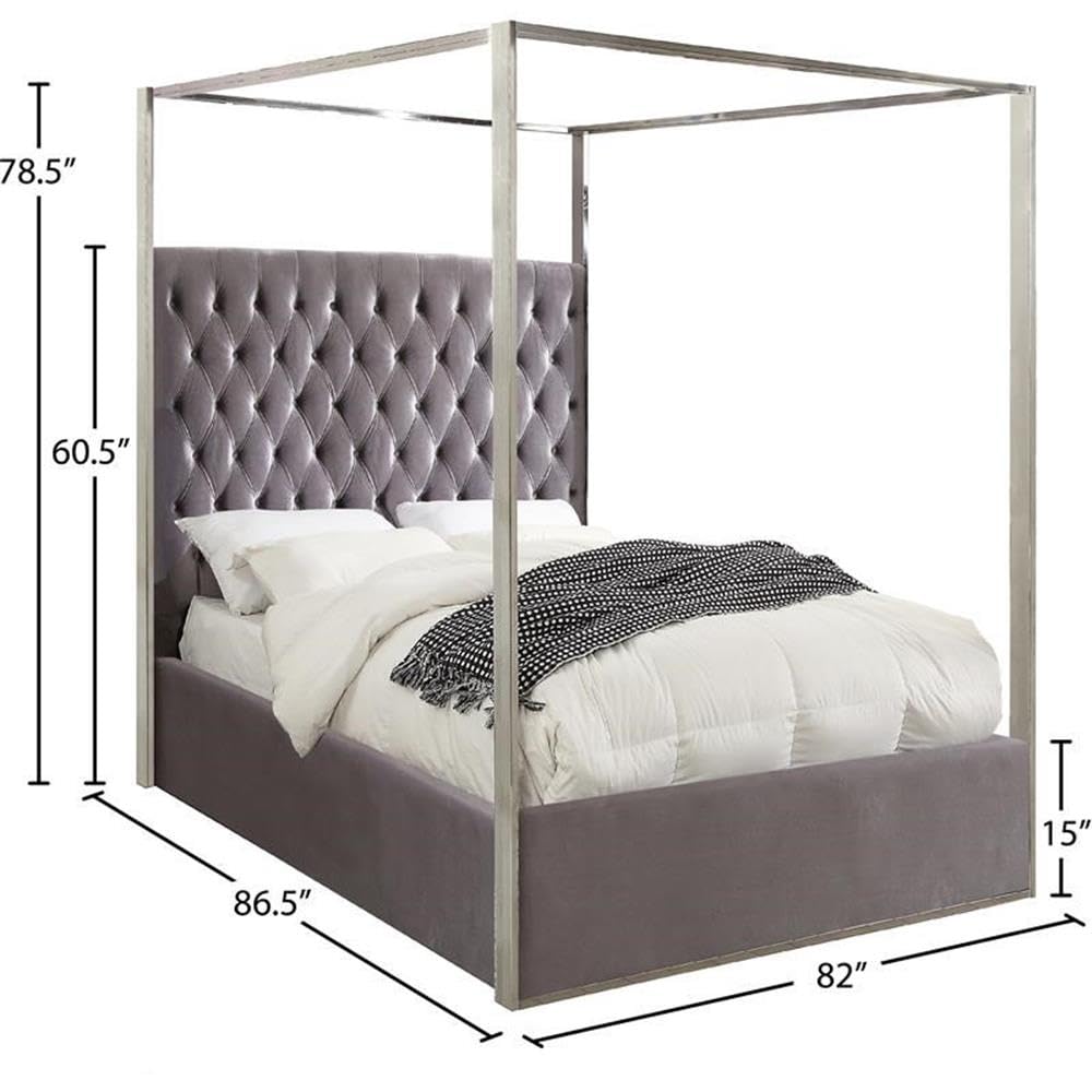 Meridian Furniture Porter Collection Modern | Contemporary Velvet Upholstered Bed with Deep Detailed Tufting and Chrome Canopy, Grey, King