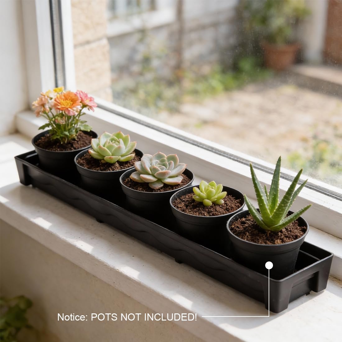 RooTrimmer 10 Pack Plastic Windowsill Saucer (17"x3"x1.5"), Rectangular Window Sill Plant Pot Trays with Removable Drainage Hole, Thick Plant Saucer Tray for 2.8 inch (7CM) Flower Nursery Pots (Black)