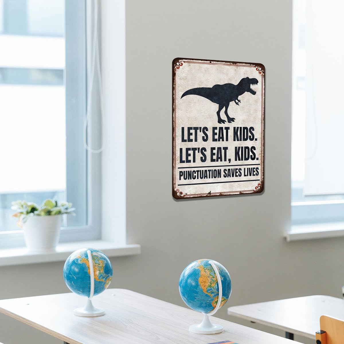 Funny English Classroom Wall Art - Punctuation Saves Lives Metal Sign - Let's Eat, Kids Grammar Decor for High School and Middle School Teachers, English Teacher Gift, 8"x12" Metal Poster