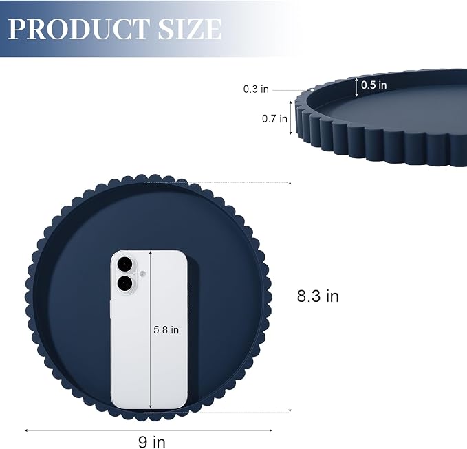 Round Bathroom Tray Silicone Kitchen Counter Decor Vanity Organizer Decorative Coffee Table Tray for Perfume, Candle, Soap Dish, 9 Inch, Dark Blue