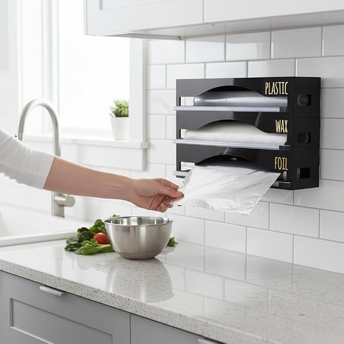 OnDisplay Luxe Acrylic 3-in-1 Plastic Wrap/Wax Paper/Aluminum Foil Dispenser for Drawer or Wall Mountable - Cling Wrap/Parchment Paper/Tin Foil Holder for Kitchen (Black 3-in-1)