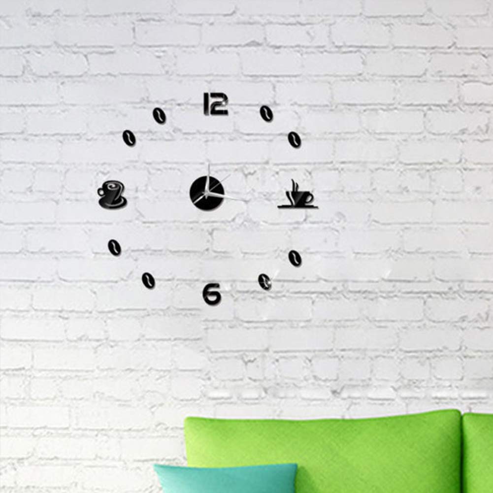 MOFUCA 3D DIY Wall Clock, Kitchen Coffee Decor Wall Clocks Frameless Large DIY Wall Clock Wall Sticker Home Decor for Living Room Bedroom Decoration (Black)