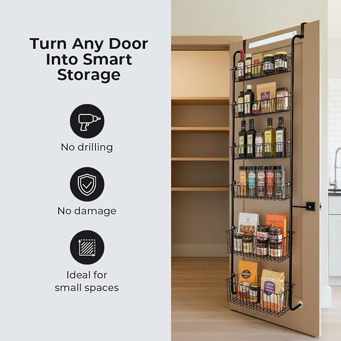 Over Door Organizer Storage - 6 Tier Black Metal Over the Door Pantry Organizer Heavy Duty Hanging Storage Rack, Behind Cabinet Shelves for Home, Kitchen, Bathroom, Closet, Pantry