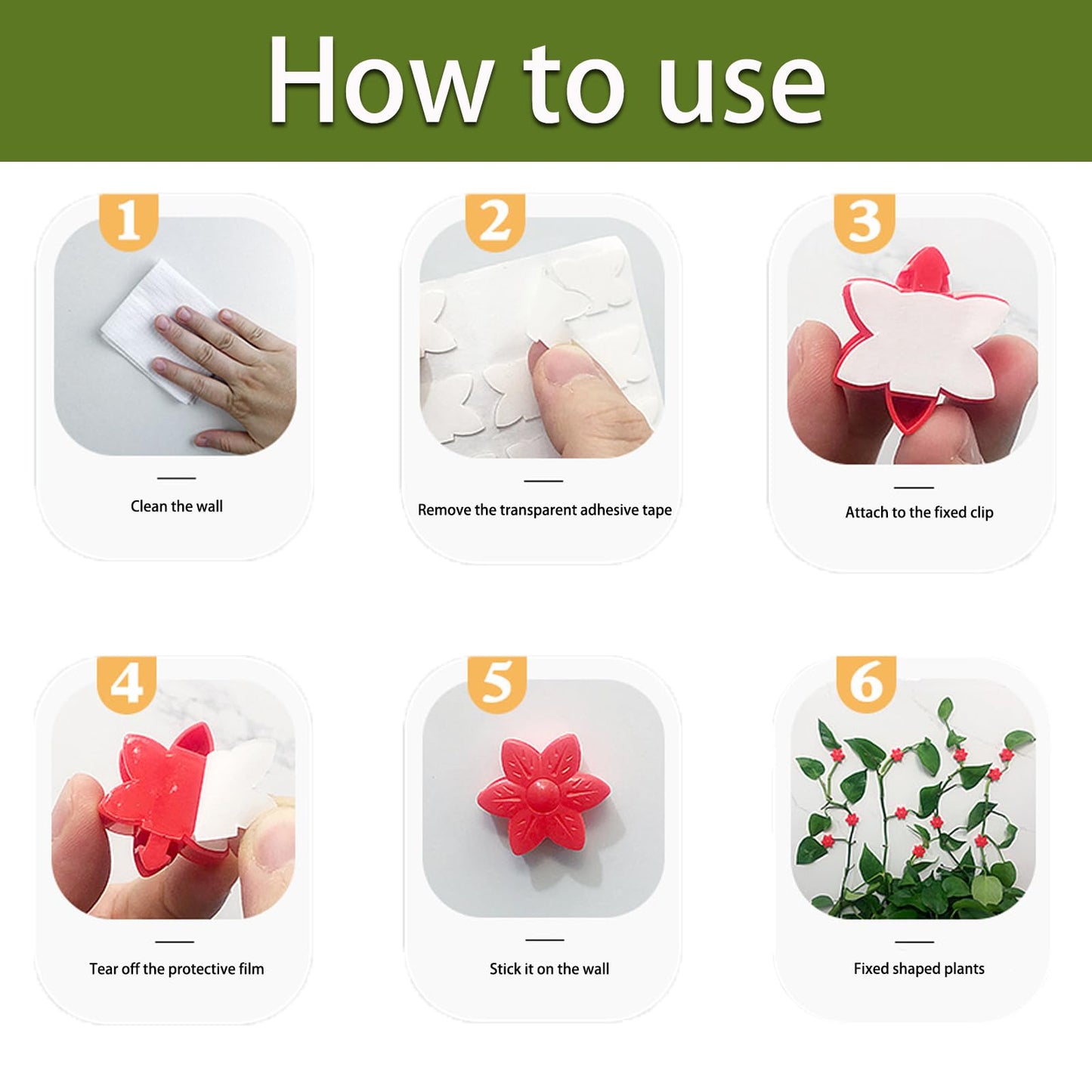 RENUIS 100 Pcs Plant Wall Clips with Acrylic Adhesive Sticker, Plant Climbing Wall Fixture Clips, Plant Support Clips, Self-Adhesive Hook Vine Plant Clips for Indoor Outdoor Decorations (Rose-Orange)
