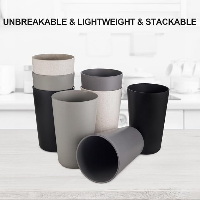 Premium Wheat Straw Cups 20 oz Set of 8 Alternative to Plastic Cups Reusable Unbreakable Drinking Cup Dishwasher Safe Water Glasses Tumblers, Grey and Black