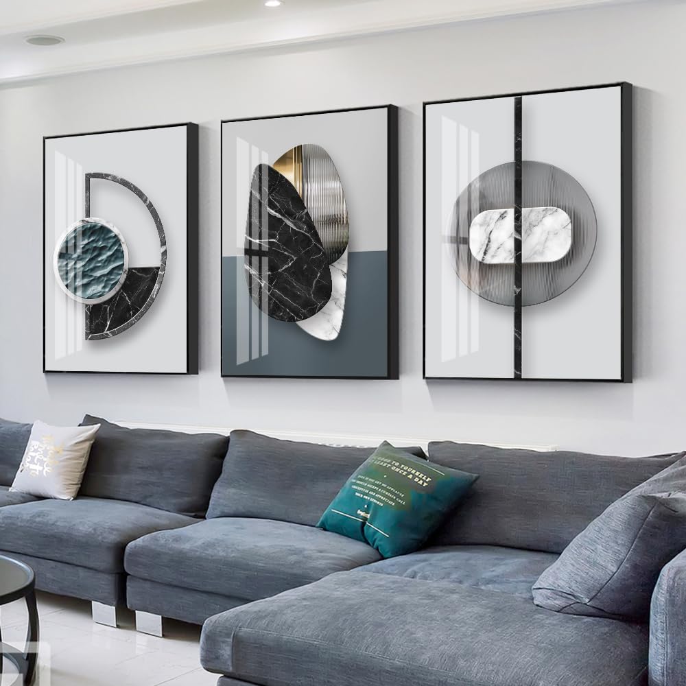 QKF 3 Pieces Modern Funky Wall Art For Living Room Geometry For Home Decoration Pictures Dark On Abstract Canvas Print Paintings Bedroom Bathroom Office Posters & Prints (Medium Size 16x24inch)