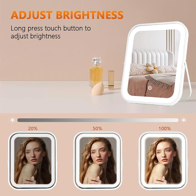 YEKKOPT Rechargeable Vanity Mirror with Lights,8x10 Inch 3 Color Lighting Portable Makeup Mirror with Touch Screen Adjustable LED Lights,Desk Mirror for Travel, Home