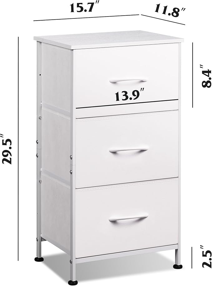 WLIVE Nightstand with 3 Drawers, Fabric Dresser, Organizer Unit, Storage Dresser for Bedroom, Hallway, Entryway, Closets, Sturdy Steel Frame, Wood Top, Easy Pull Handle, White