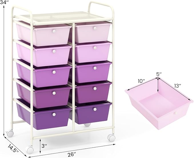 Giantex 10 Drawers Rolling Cart, Classroom Organizers, Storage Cart with Wheels, for Teacher Office Home School Supplies Tool Craft Art Paper, Purple Gradient