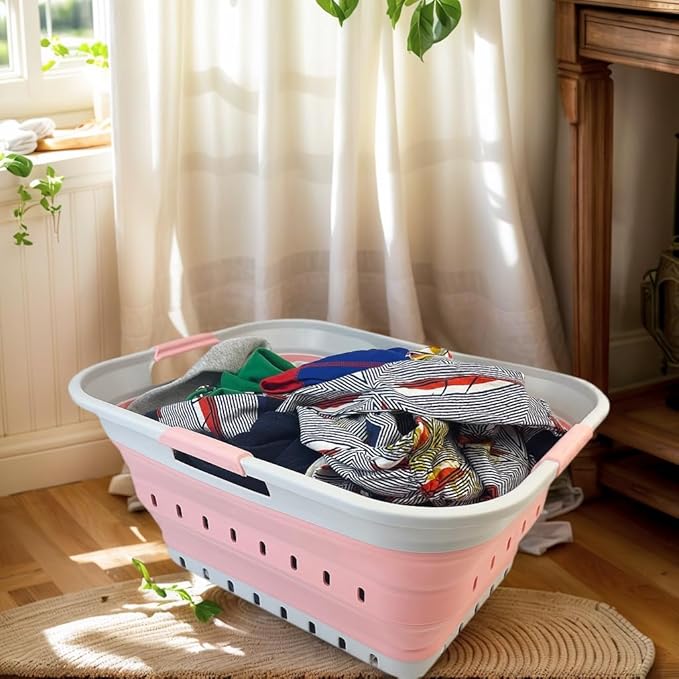 SAMMART 42L (11 gallon) Collapsible Plastic Laundry Basket - Foldable Pop Up Storage Container/Organizer - Space Saving Hamper/Basket (Grey/Quartz Pink)