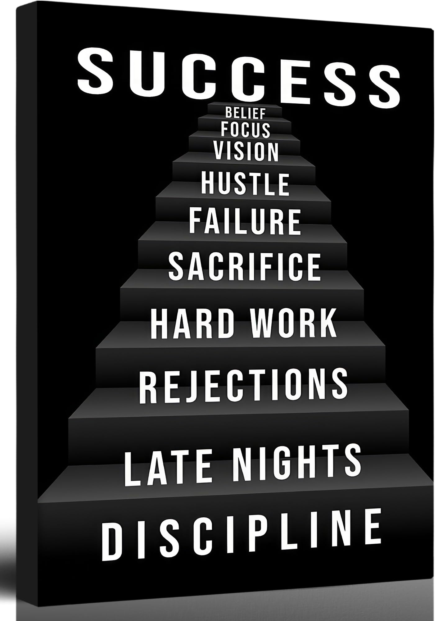 Inspirational Canvas Wall Art,Success Stairs Painting Picture Wall Decor,Black Motivational Poster Print Artwork,Positive Work Quotes for Men Bedroom Living Room Office Home Decoration,12x16 Inch