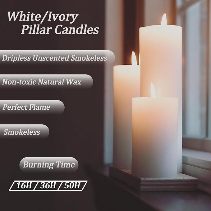 Ivroy Pillar Candles Bulk Set of 36，Hurricane Candlesï¼? Different Lengths 2 x 3/6/8 Inch (12 Each)，Dripless Unscented Smokeless，Gives You a Better Atmosphere When Organizing an Event Party.