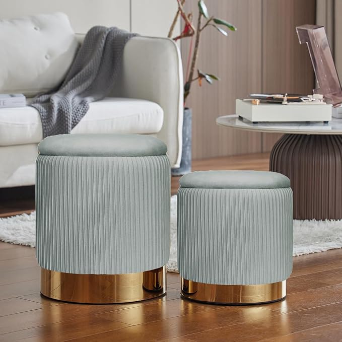 Round Ottoman with Storage Set of 2 Upholstered Velvet Vanity Stool Small Ottoman Coffee Table, Foot Stool, Removable Lid, for Living Room, Bedroom, Hallway, Assembly Free (Light Grey)