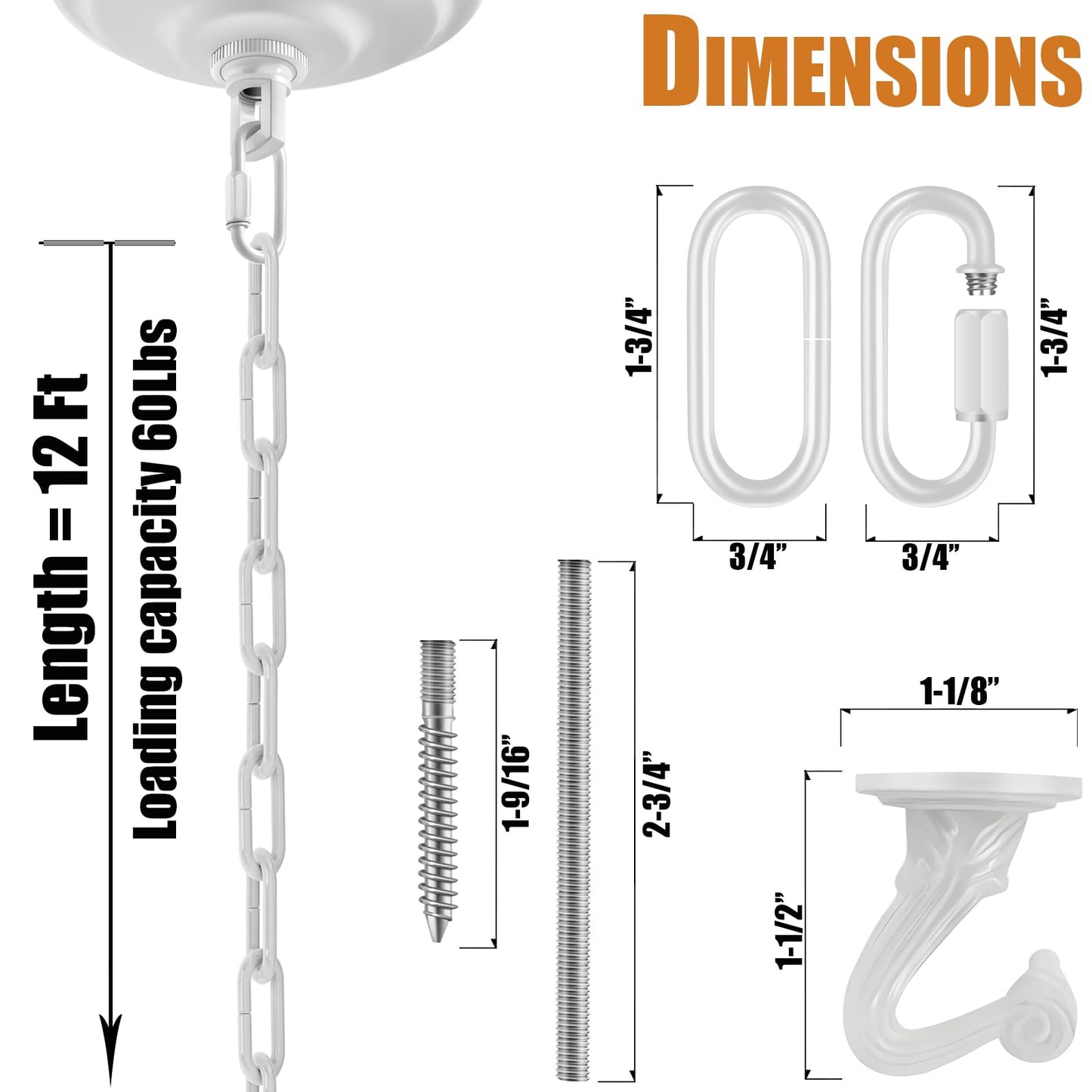 Omytie 12 Ft Heavy Duty Hanging Chain Kit with Connection Locks & Swag Ceiling Hooks for Lighting Fixture, Chandelier, Pendant, Lantern, Swag Lamp, Plant/Flower/Fruit Basket, Bird Feeder (White)