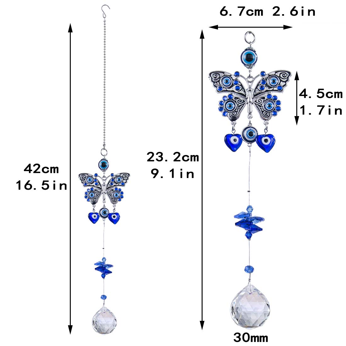 Turkish Blue Evil Eye Butterfly Wall Hanging with Crystal Suncatcher Ornament for Home Decor Protection Good Luck Blessing Housewarming Birthday Gift