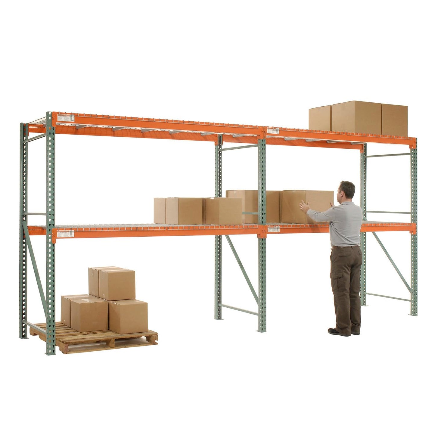 Global Industrial Teardrop Pallet Rack Add-On Unit, 144"W X 48"D X 96"H, 5970 lbs Shelf Capacity, Steel Construction, Orange & Green, For Industrial Storage