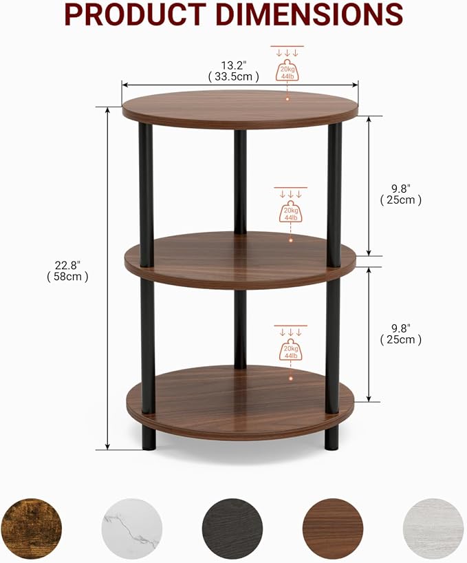 XBurmo Small Round End Table - 3 Tier Design Accent Table, Narrow Side or Bedside Stand, Industrial Vintage Nightstand for Bedroom, Living Room, or Small Spaces, Set of 2, Rustic Walnut